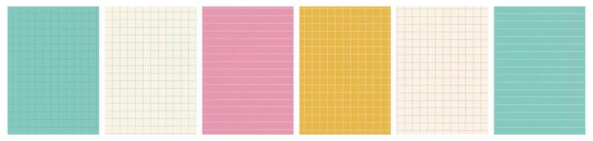 A4 sized back to school background templates set for education concept. Colorful notebook pages, sheets and colored graph grid paper with grid and striped texture. illustration with copy space vector