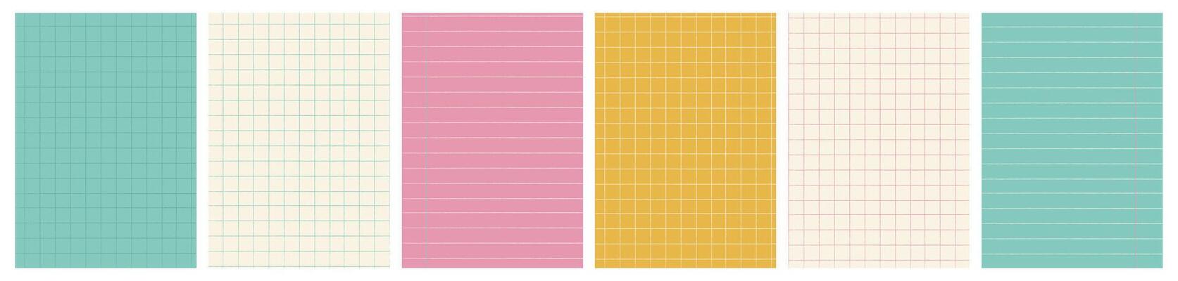 A4 sized back to school background templates set for education concept. Colorful notebook pages, sheets and colored graph grid paper with grid and striped texture. illustration with copy space