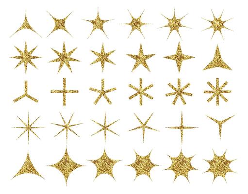 Y2k glittering star sparkle bling abstract shapes set. Golden sparkling minimal geometric signs and symbols in trendy retro 2000s style. New year aesthetic. Isolated elements