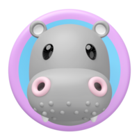 Adorable 3D cartoon hippopotamus head, rendered in a cute, minimalist style, centered within a vibrant pink and blue circular frame against. Ideal for children designs. png