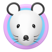 Minimalist 3D render of an adorable white mouse head with black ears, eyes, nose, and whiskers, centered within colorful circle. Cartoon character or cute icon. png