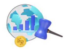 3D render of a globe featuring a bar chart, a golden dollar coin, and a judge's gavel. Illustrates global finance, economic data, international law, and market trends. png