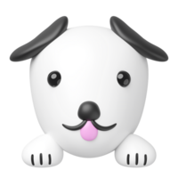 Minimalist 3D render of a cute white cartoon dog head with black ears and eyes, and a pink tongue, peeking into the frame from the bottom, Pet illustration. png