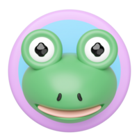 A cute 3D rendered frog head with big eyes inside a colorful pink and blue circular frame. Minimalist cartoon style illustration perfect for children content. png