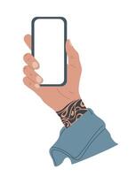 Tattooed hand holding smartphone with blank screen vector
