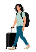 Young man walking with a suitcase and backpack vector