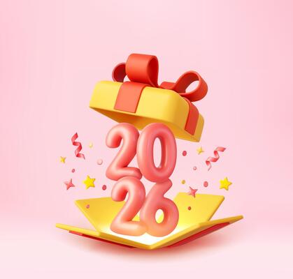 3d Happy New Year 2026 with open gift box.