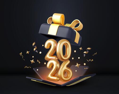 3d Happy New Year 2026 with open gift box