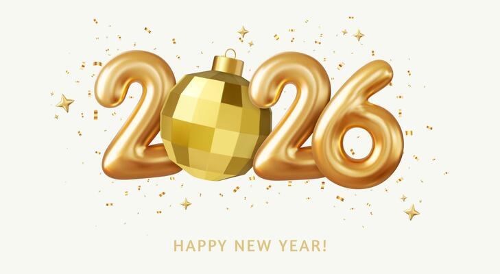 3d 2026 Gold Foil Balloons and Christmas ball.