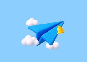3D blue Paper Airplane icon with bell vector