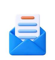 3D email icon with blue envelope and letter vector