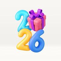 3d Happy New Year 2026 with gift box. vector