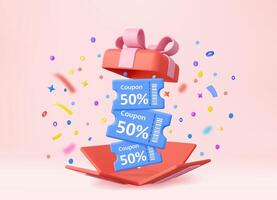 3d pink gift box with floating discount coupons vector