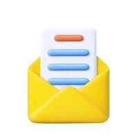 3D email icon with yellow envelope and letter vector
