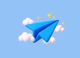 3d blue paper airplane with clouds. vector