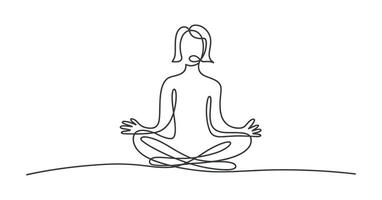Single line drawing of a woman meditating in lotus position vector
