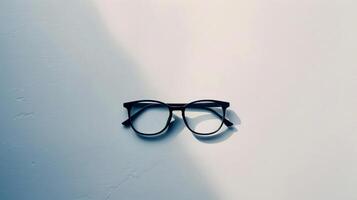 Minimalist photo of black eyeglasses casting a shadow on a smooth white and blue-toned background with soft lighting