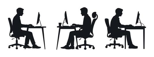 Three people sitting at their desks working on computers silhouettes vector