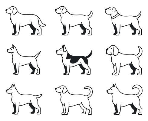 Collection of various dog breeds in outline style dogs