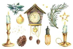Winter decor elements including a clock vector