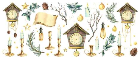 Winter decor elements with clocks and candles vector