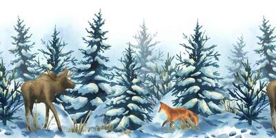 Moose and fox in snowy forest vector