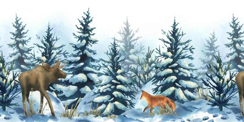 Winter forest border with hand-painted moose and fox among snowy trees. Ideal for children s designs, gift wrap, and winter-themed packaging. Watercolor illustration