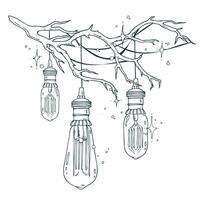 Hand drawn line art composition with vintage bulbs on a branch. Ink sketch in black and white. Perfect for winter holiday cards, invitations, banners, and festive design projects. vector