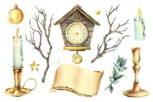 watercolor clock and candle illustrations vector