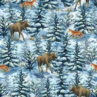 Winter wildlife pattern with moose and foxes vector