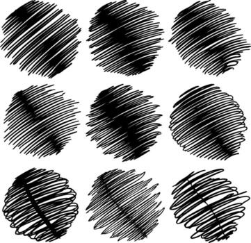 A set of hand-drawn grunge circles. Features sketchy hatching, scribbles, and round shapes, contributing dynamic texture to creative backgrounds and graphic designs. vector