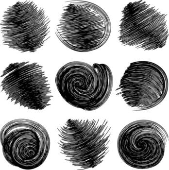 A collection of hand drawn grunge circles and spirals. Features dense hatching, swirling lines, and organic sketch textures, adding dynamic visual interest to artistic backgrounds. vector