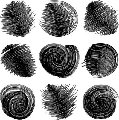 A collection of hand drawn grunge circles and spirals. Features dense hatching, swirling lines, and organic sketch textures, adding dynamic visual interest to artistic backgrounds.