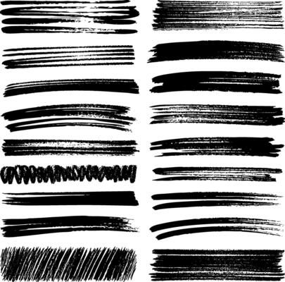 A set of hand-drawn brush strokes with curved, dynamic shapes. Bold grunge textures and dry brush effects, enhancing banners, underlines, and artistic overlays.