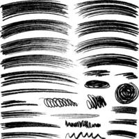 A set of hand-drawn brush strokes and scribble lines. Includes bold hatching, wavy banners, and expressive marks for adding dynamic texture to creative compositions. vector
