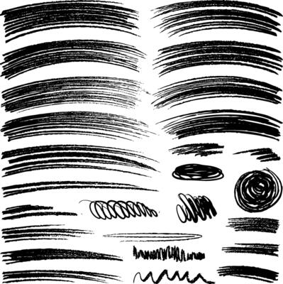 A set of hand-drawn brush strokes and scribble lines. Includes bold hatching, wavy banners, and expressive marks for adding dynamic texture to creative compositions.