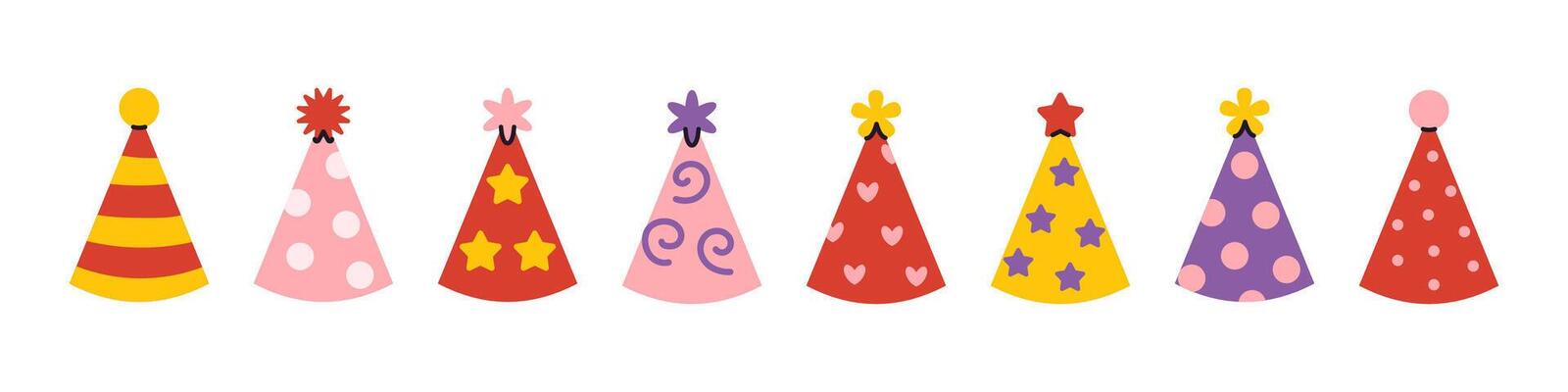 party hats collection. Bright and cheerful paper caps set with patterns. Perfect for birthdays, events, and decorations. Isolated flat cliparts for festive design.