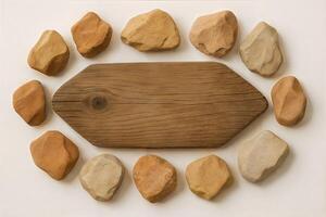 Still life featuring rustic wood plank surrounded by earth toned river rocks on a simple white surface photo