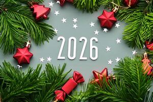 New Year 2026 background. Number of the coming year in Christmas decoration. photo