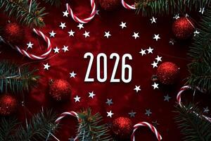 New Year red 2026 background. Number of the coming year in Christmas decoration. photo
