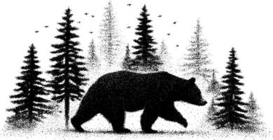 Bear and pine trees in a stipple art forest set. Black and white silhouette wildlife illustration with birds in the background. vector
