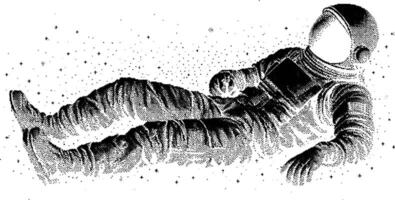 Astronaut floating in space in halftone pixel style with black and white texture. Monochrome illustration with dot effects and cosmic background. vector