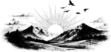 Mountain range, sun, and birds in a stipple style landscape. Black and white texture, detailed linework illustration of nature and forest. vector