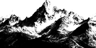 Mountain landscape with peaks in stipple style. High-contrast black and white illustration with detailed texture. vector