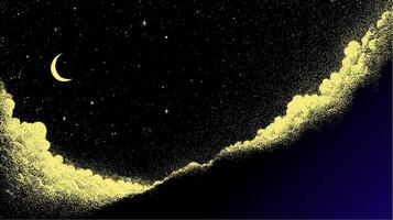 Crescent moon, night sky, and cloud in stipple art style. Dark stars and yellow shapes, illustration background. vector