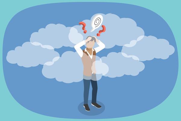 3D Isometric Flat Illustration of Clouded Mind, Depressed Young Man with Cloudy Thoughts
