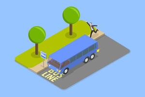 3D Isometric Flat Illustration of Bus Stop, a Man Chases Citybus vector