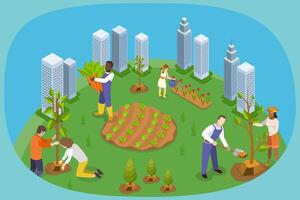 3D Isometric Flat Illustration of Eco Volunteers , Individuals Planting Trees in Urban Park or Garden vector