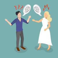 3D Isometric Flat Illustration of Misunderstanding In Relationships, Miscommunication Leading to Conflict Between Partners vector