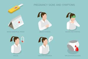 3D Isometric Flat Illustration of Pregnancy Signs And Symptoms, Morning Sickness, Nausea, Feling Bloated, etc vector